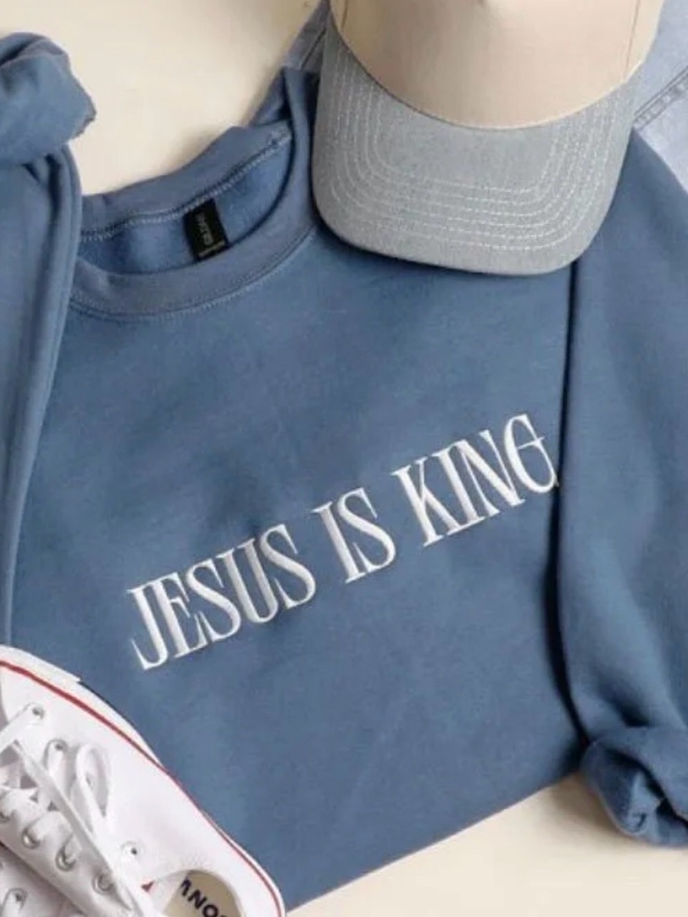 Jesus Is King Embroidered Sweatshirt Blue NWT | Fashion City | M